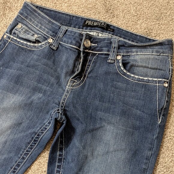 PREMIER BY RUE 21 Curvy Mid-Rise Boot Blue Stretch Denim Bling Jeans; Size 9/10 - Picture 2 of 5